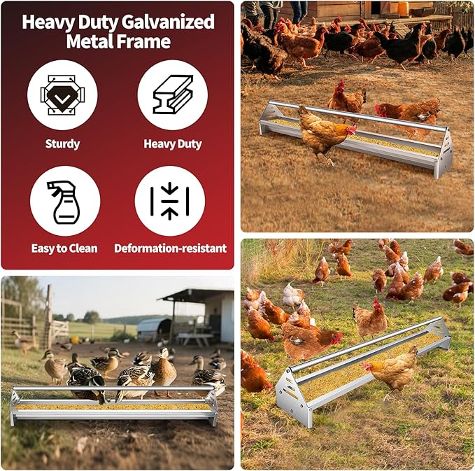 RYFT Chicken Feeding Trough 45", Heavy Duty Galvanized Steel Chicken Feeder with Crossbar, Holds 12 Chickens with Drainage Holes, Large Capacity Poultry Feeder Trough for Duck Geese Turkey Pigeon