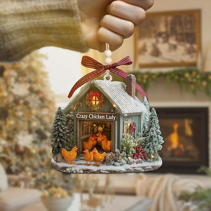 Chicken Ornaments for Christmas Tree 2025 - Farmhouse Decorations Gifts for Chicken Lovers, Farmers, Women, Men - 2D Flat Chicken House Farm Wooden Ornament