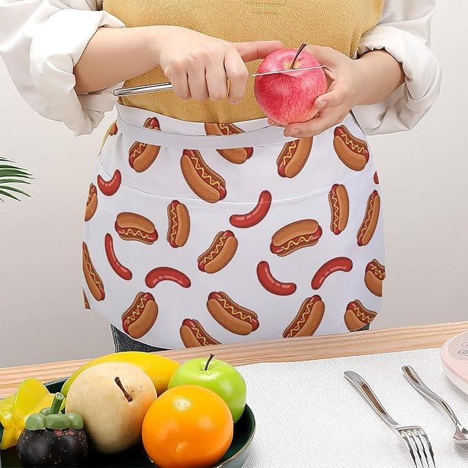 Unisex Chef Waiter Apron Waist Half Short Serving Aprons with 3 Pockets