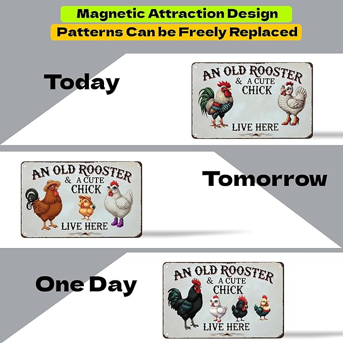 DIY Magnetic Attraction Design,Funny Chicken Tin Sign | chicken decor | Farmhouse Wall Decor, Rooster Kitchen & Bathroom Art,Metal Signs,Funny Gifts,12 * 8 Inch (Dark Grey)