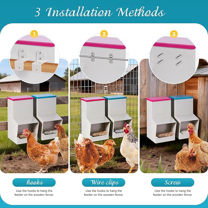 2PCS Metal Automatic Chicken Feeder, Wall Mount Hanging Poultry Feeder Dispenser with 2 Ports, 7lb Chicken Grit and Oyster Shell Feeder Trough No Waste for Outside Coop Quail Ducks Turkeys