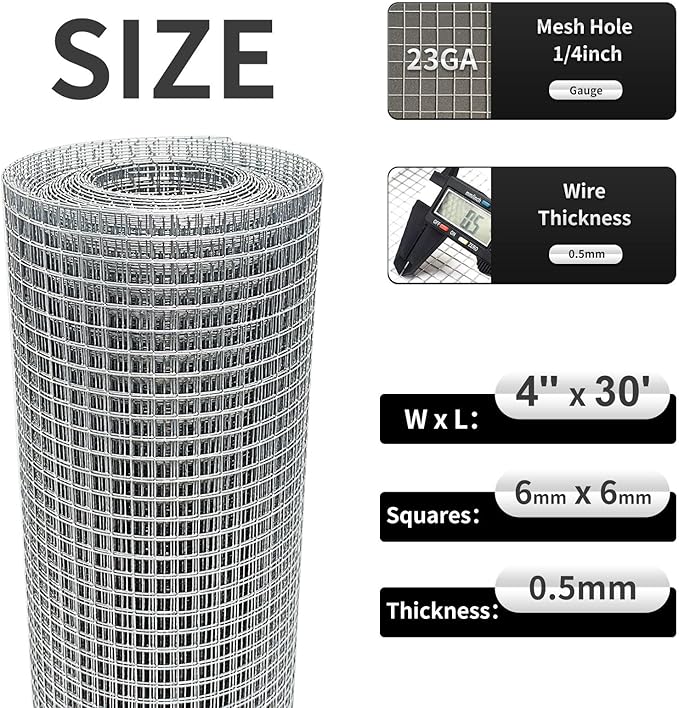 Hardware Cloth 4'' x 30' 1/4 in Galvanized Wire Mesh Roll (23 GA) Chicken Wire Fence Roll for Chicken Pen/coop Fences, Screen mesh, Rabbit/Snake Fences, Poultry enclosures, Handicraft Making, etc.