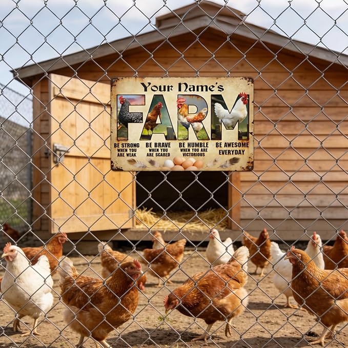 Custom Name Chicken Rooster Metal Tin Sign Personalized Farm Plaque Wall Art Vintage Rustic Decor Be Strong Be Brave Motivational Quote Barn Backyard Gift
