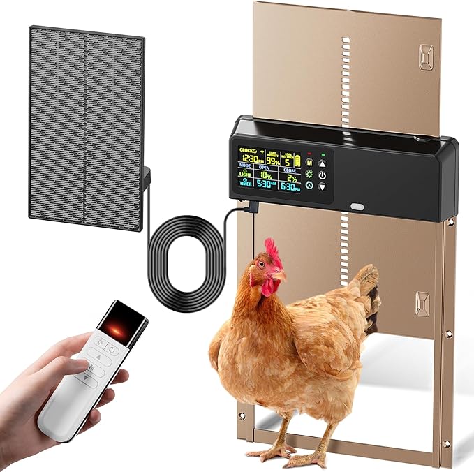 Automatic Chicken Coop Door Solar Powered with Remote Control, Timer and Light Sensor, 5 Modes, Color LCD Display, Aluminum Chicken Door with Adjustable Anti-Pinch