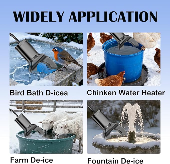 150W Chicken Water Heater with Thermostat,Cast Aluminum Submersible Bird Bath De-Icer for Plastic/Metal Poultry,Power Cord 9.8 Ft,Black