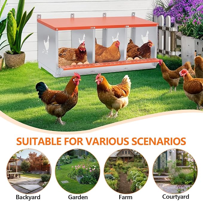 Chicken Nesting Box for Laying Eggs - 3 Room Chicken Laying Boxes, Nesting Boxes for Chickens, Heavy Duty Metal Chicken Coop (31.8" L x 17" W x 15" H)