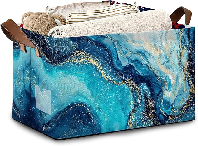 Blue Gold Marble Collapsible Storage Box,Organizer Bin with Handles for Room Decoration,Bins Book Basket Box 17x11.5x10Inch