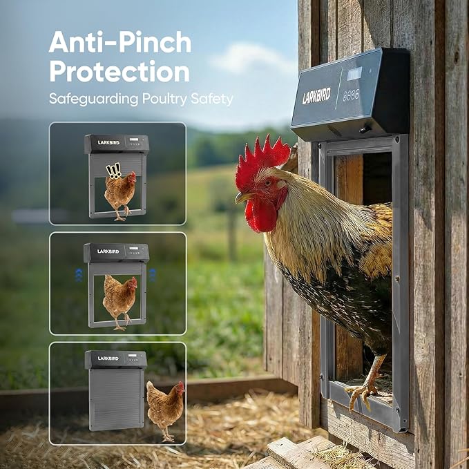 Larkbird Upgraded Automatic Chicken Coop Door Solar Powered, Auto Chicken Door with App Control, Custom Audio Recording, Timer & Light Sensor, Anti-Pinch Design