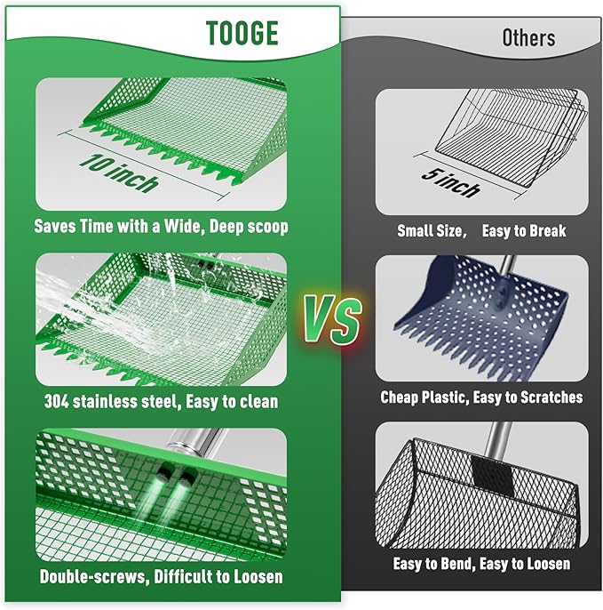 TOOGE Upgraded Chicken Poop Scooper: 10" Metal Pooper Scooper & Rake 4-Section 62" Long Handle Chicken Coop Scoop Scoopers Accessories Large Sand Sifting Litter Shovel for Goats/Yard/Farm/Beach Green