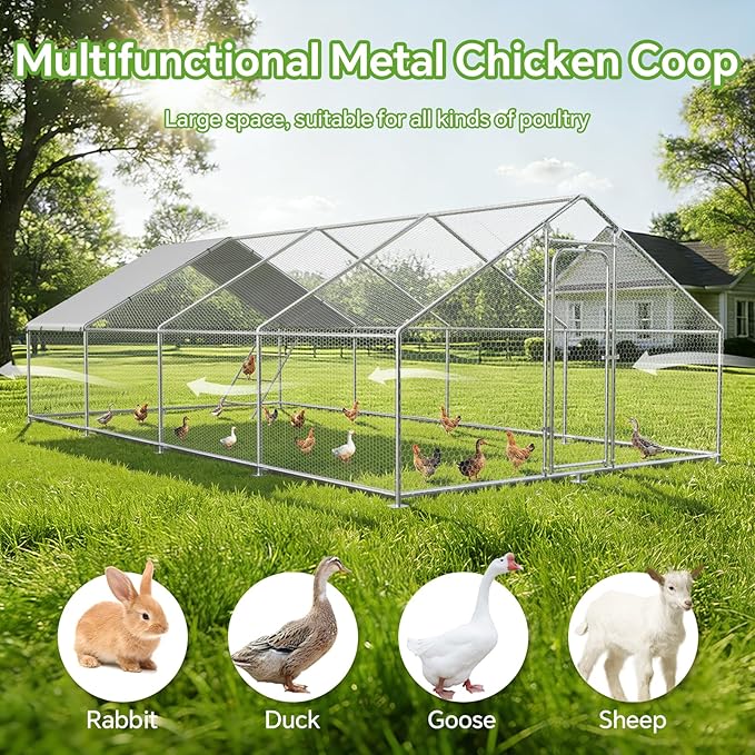 Large Metal Chicken Coop Run with Roosting Perch– Outdoor Waterproof & UV-Resistant Cover for Chickens, Ducks, Rabbits, and Hens in Yard or Farm Use Spire Roof(13.1'Wx26.2'Lx 6.5'H)