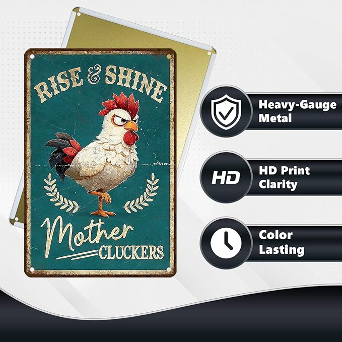 Funny Chicken Signs Rooster Kitchen Decor Rise And Shine Mother Cluckers Tin Signs Vintage Coop Metal Decor Rustic Wall Art For Home Farmhouse Farm Poultry House Cafe Bar Office 12 * 8 In