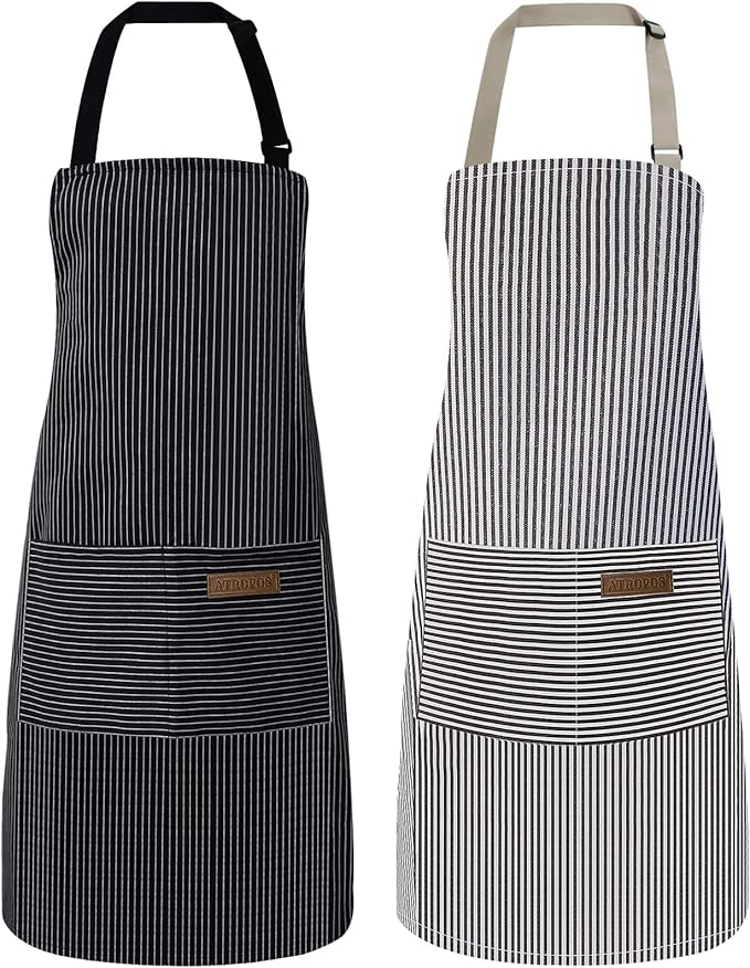 ATROPOS 2 Pack Aprons for Women with Pockets, Cooking Aprons for Women Men, Adjustable Bib Apron Chef Aprons for Kitchen, Cooking, BBQ, Cleaning（Brown/Black Pinstripes）
