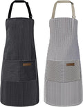 ATROPOS 2 Pack Aprons for Women with Pockets, Cooking Aprons for Women Men, Adjustable Bib Apron Chef Aprons for Kitchen, Cooking, BBQ, Cleaning（Brown/Black Pinstripes）