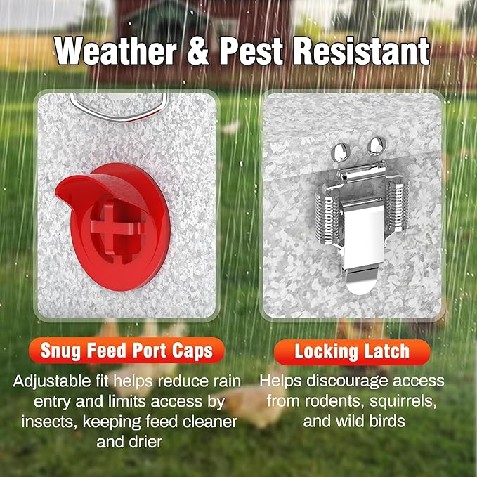 40LB Metal Chicken Feeder for Outdoor Coop, Galvanized Automatic Poultry Feeder with 6 Ports, Double Viewing Windows, Weatherproof Large Chicken Feed Container with Lid & Legs