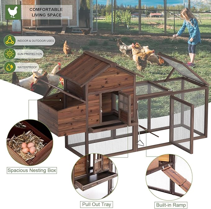 Wooden Chicken Coop Large Walk-in Outdoor Hen House with Nesting Box and Run, Poultry Cage Rabbit Hutch Waterproof UV Panel Cover for 4-8 Chickens Brown 159'' #CO48