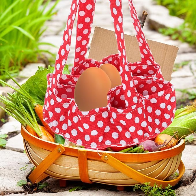 Homoyoyo Egg Collecting Basket with 9 Fabric Pockets Chicken Egg Holder Farm and Home Use Red Polka Dot Design
