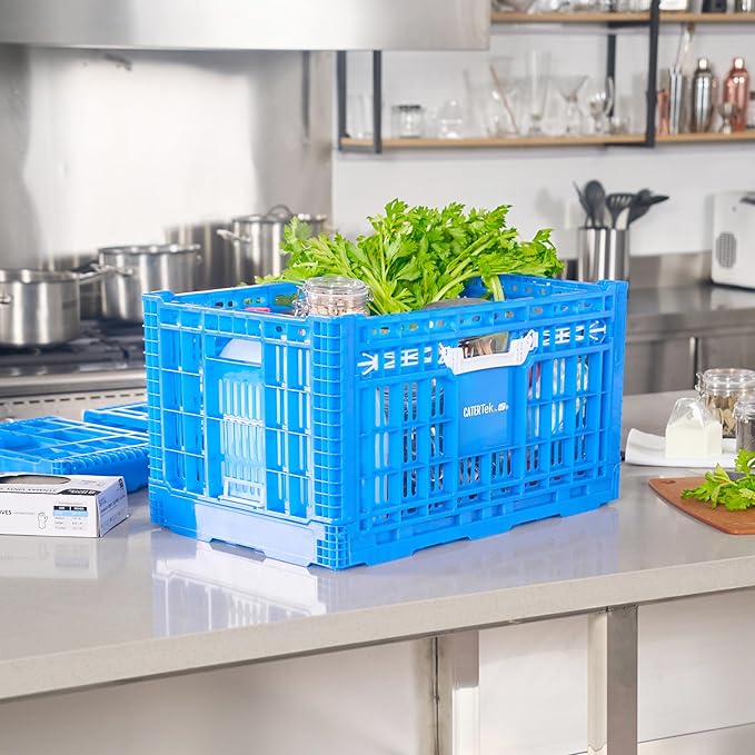 Restaurantware Plastic Milk Crates for Storage - 10 Pack - Cater Tek Stackable Storage Buns for Organizing - Collapsible Storage Basket for Groceries, Home Supplies, Blue