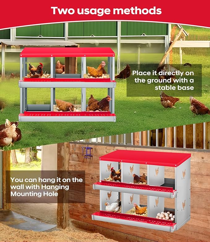 Chicken Nesting Box for Laying Eggs, 6 Compartment Metal Nesting Box,Wall Mount Chicken Nesting Boxes,Easy Egg Collection,Laying Boxes for Chickens Coop to Protect Eggs (Red, 6 Compartment)