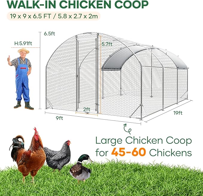 Metal Chicken Coop with Runs for Yard with Cover Waterproof Quail Coop Walk in Duck Coop, Chicken Pen House Cage gallinero para gallinas with Security Lock for Outdoor Farm Rabbit Run 19x9.2x6.5ft