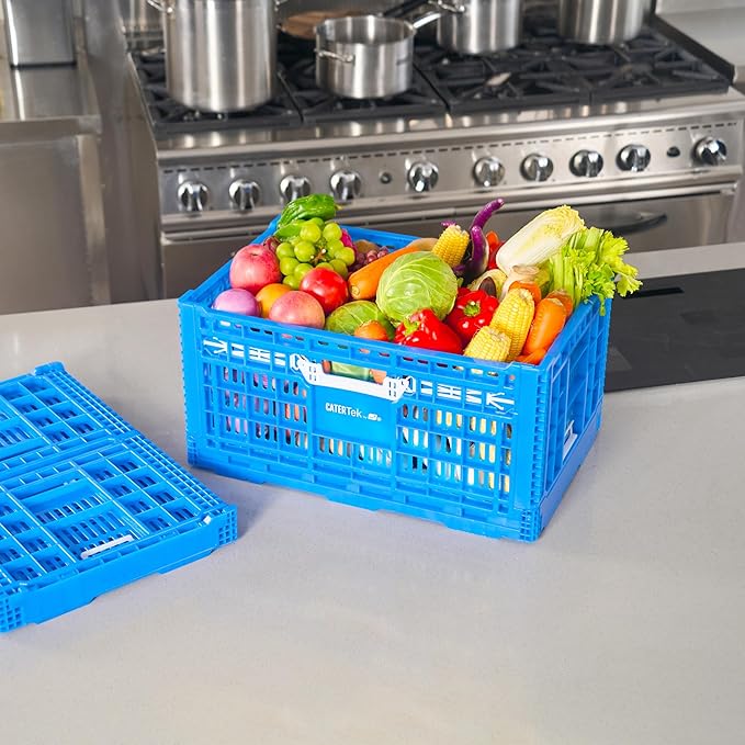 Restaurantware Plastic Milk Crates for Storage - Cater Tek Stackable Storage Buns for Organizing - Collapsible Storage Basket for Groceries, Home Supplies, Blue