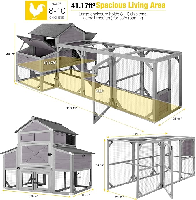 Aivituvin Chicken Coop Extra Large Chicken House 41.3ft² for 8-10 Chickens Outdoor Wooden Hen House Poultry Cage with 6 Nesting Boxes, 6 Perches, Large Run 118" L