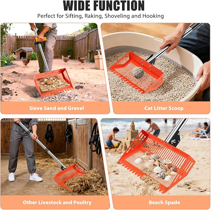 15/10'' Chicken Poop Scooper & Rake,4 IN 1 Chicken Coop Scoop with 2 Large Metal Shovel Heads,Chicken Coop Scooper for Sand,Chicken Scoop with Long Handle,Sifting Shovel for Chicken Coops(37 to 65in)