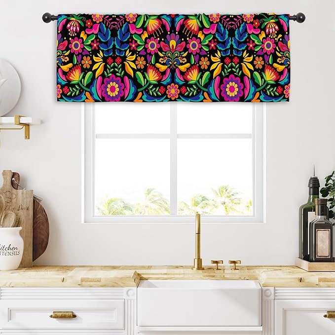 Miyotaa Mexican Fiesta Kitchen Curtain Valance 54W x 18H Rod Pocket Cinco De Mayo Dia De Los Muertos Colorful Flower Window Treatment for Living Room Bedroom Bathroom Laundry