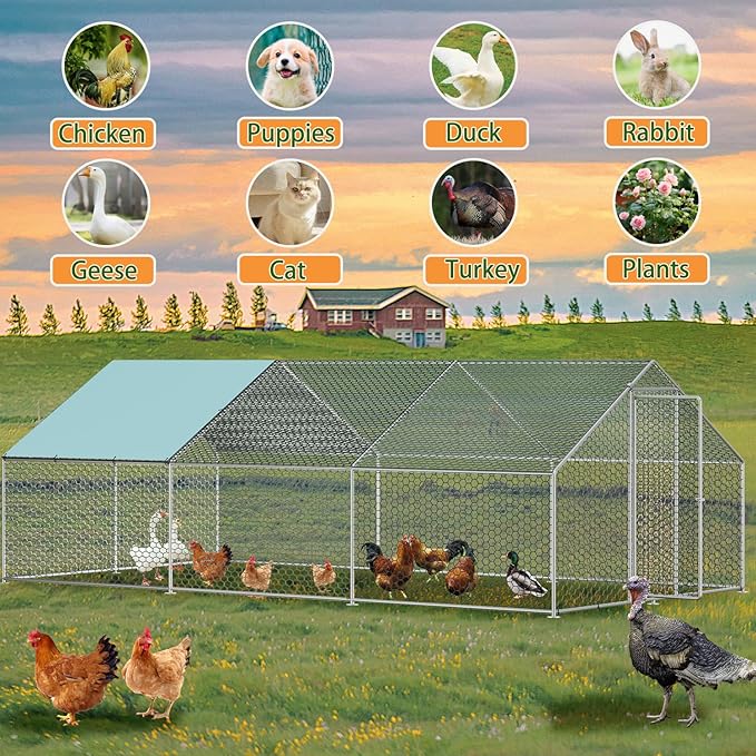 Vipbear Large Metal Chicken Coop Run with Immersed Wire Mesh, Chicken Coop for 8 Chickens Heavy Duty Chicken Run in for Yard with Waterproof Cover and Secure Lock,236'' L x 118''W x 77''H