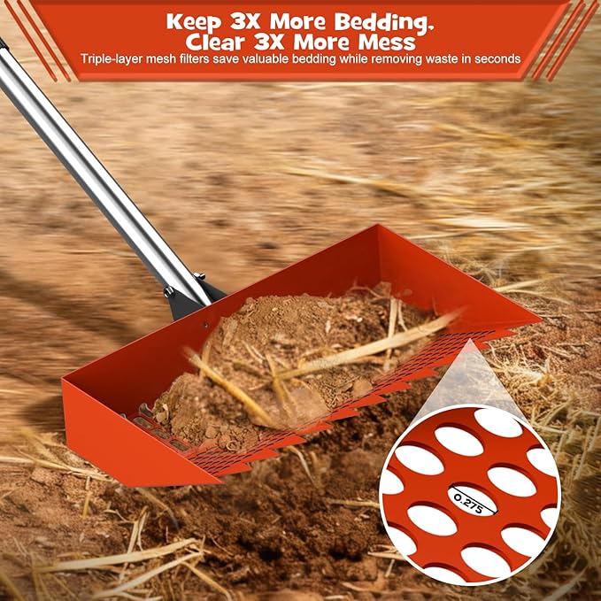 Chicken Poop Scooper & Rake 2-in-1 – 12 Inch Shovel Head & 3-Angle Adjustable 304 Stainless Steel Handle, Chicken Litter Scoop and Coop Rake & Sand Sifting Shovel for Chicken Coops, Orange
