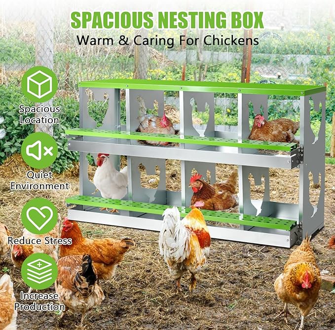 Chicken Nesting Box for Laying Eggs,8 Hole Roll Away Nesting Boxes,Chicken Laying Boxes with Large Vented Holes,Wall-Mountable Chicken Coop Nesting Boxes,Metal Laying Boxes for Hens,Ducks(Green)