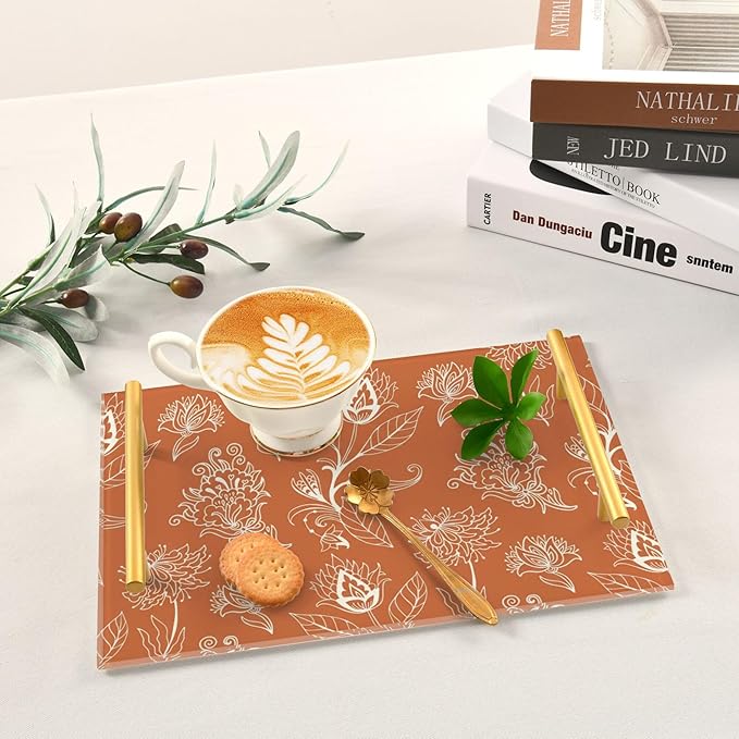 Bathroom Vanity Tray Counter Organizer, Orange Floral Pattern Decorative Tray with Handles Countertop Storage for Bathroom Bedroom Kitchen Home Farmhouse