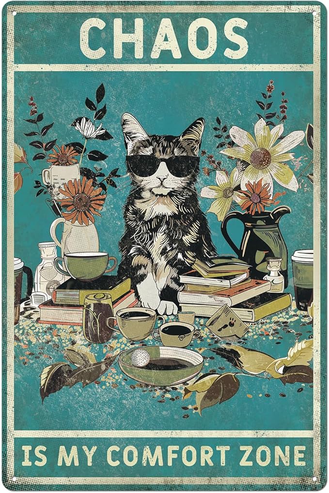 Vintage Green Cat Decor Metal tin signs, 8x12 Funny Cat Lover's Art for Living Room,Office,Shop,Room,Unique Home Decor Gift