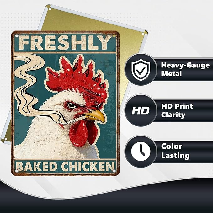 Funny Chicken Metal Signs Rooster Kitchen Decor Freshly Baked Chicken Tin Signs Vintage Farmhouse Poster Rustic Wall Decor For Home Farm Cafe Bar Pub Man cave Living Room Office 16 * 12 In