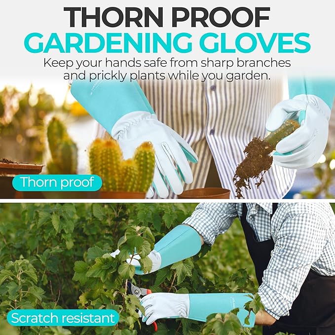 HANDLANDY Long Gardening Gloves for Men & Women, Thorn Proof Rose Pruning Gloves Leather Gauntlets Garden Glove Yard Work Glove (Teal Green, Small)