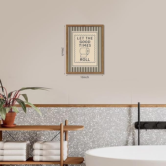 Framed Let The Good Times Roll Bathroom Print, Vintage Funny Toilet Quote Canvas Wall Art, Stripes Bathroom Picture Poster, Downstairs Toilet Painting Wall Decor 16x24 inch
