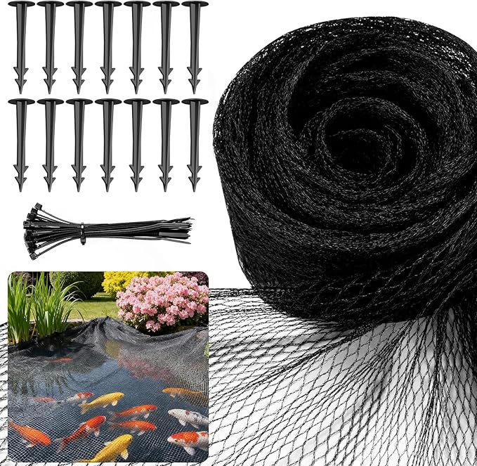 20 x 30Ft Pond Netting for Koi Ponds, Koi Pond Net Cover, Durable & Sturdy Pond Netting Cover for Leaves, Protect Koi Fish Against Herons, Raccoons, Cats & Predators, 14pcs Stakes Included