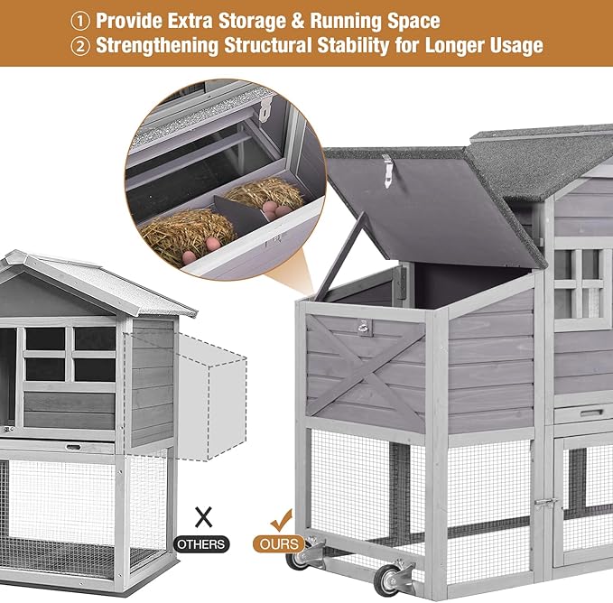 Large Chicken Coop for Outdoor with Nest Box and Removable Tray, Hen House Waterproof for 2-5 Chickens, Outdoor Poultry Cage with Wheels - Grey