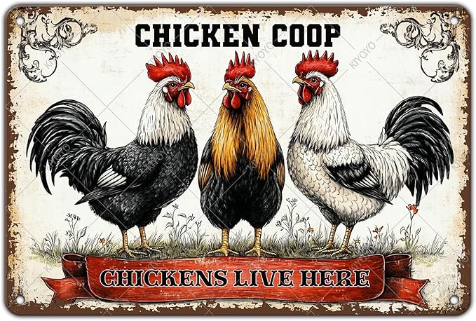 Funny Metal Tin Sign Chicken Coop Chickens Live Here Decoe for Farm Kitchen Garden Gift Metal Wall Art Rooster Hen Indoors or Outdoors 12x8 Inch