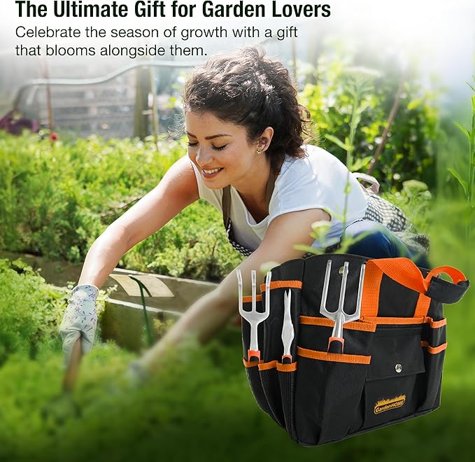 GardenHOME 7-Piece Garden Tool Set – Stainless Steel Tools with Folding Stool & Tote Bag, Black and Orange, Practical Kit for Men and DIY Yard Work
