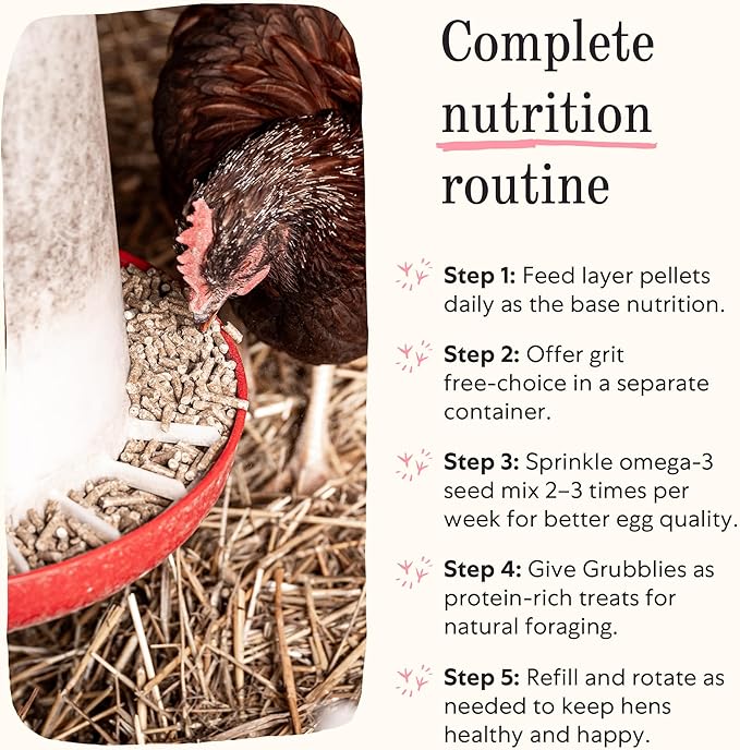 Grubbly Farms Adult Chicken Bundle - Chicken Grit, Fresh Pecks Layer Feed Pellets, Omega Mix & Grubblies - Complete Nutrition, Proper Digestion, Strong Eggshells & Natural Protein Treats - 4 Pack