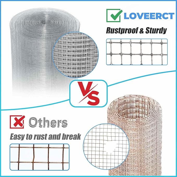 Hardware Cloth 1/2 inch 48inch x 100 Ft 19 Gauge Hot Dip Galvanized After Welding Galvanized Wire Mesh Roll Chicken Wire Fencing Gopher Wire Garden Bed Plant Supports Poultry Netting Cage Snake Fence