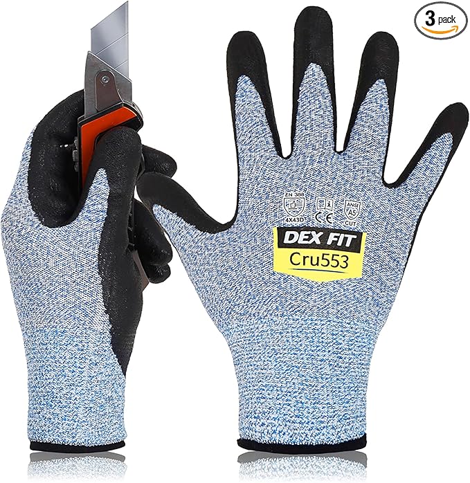 DEX FIT Level 5 Cut Resistant Gloves Cru553, 3D-Comfort Fit, Firm Grip, Thin & Lightweight, Touch-Screen Compatible, Durable, Breathable & Cool, Machine Washable; Blue XL (10) 3 Pairs