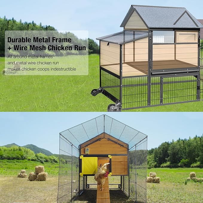 GUTINNEEN Large Chicken Coop with All Around Metal Frame Mobile Hen House with Wheels Weatherproof Duck House with Nesting Box, Outdoor Run, Perch, Leakproof Tray for 6-8 Chickens 85" L
