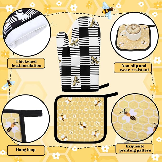 10 Pcs Bee Kitchen Dish Towels Rugs Oven Mitts and Pot Holders Set Farmhouse Kitchen Decor Set for Women Mom Daughter Gift Cooking Baking Grilling (Cute Yellow Black)