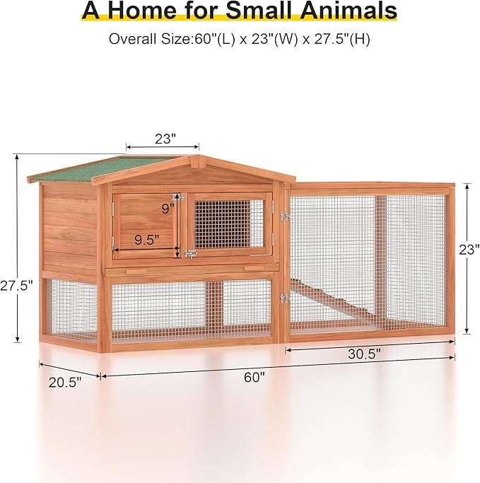 Rabbit Hutch Outdoor 2 Tier Rabbit Cage Wooden Chicken Coop with Run, Small Animal Cage with Opening Tops 60 "L x 23 "W x 23 "H