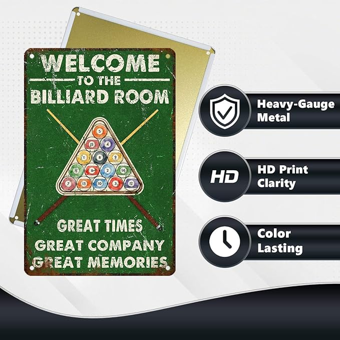 Retro Billiards Tin Sign Welcome to The Billiard Room Vintage Metal Poster great time great company great memories Nostalgic Wall Art Decorations for Home Bar Pub Man cave Shop 12 * 8 In