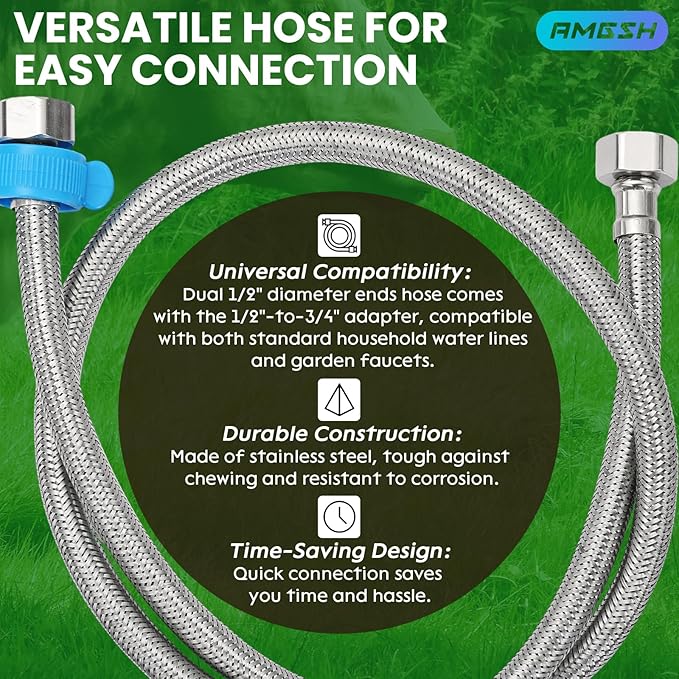 Automatic Animal Drinking Water Bowl, 304 Stainless Steel Waterer with Float Valves, 39" Pipe Hose (1/2" Ends), 1/2" to 3/4" Adapter, Livestock Water Trough Dispenser for Dog Horse Goat Pig Cow