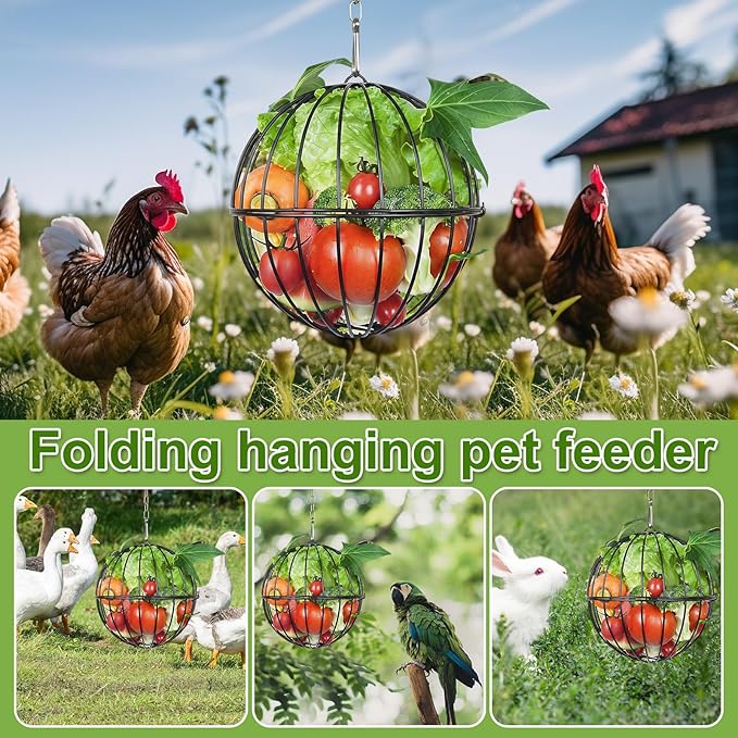 Hanging Chicken Feeder - 7.1 Inch Metal Chicken Treat Holder Ball with Hanging Chain, Sturdy Poultry Vegetable Fruits Feeder Basket for Chicken Coop