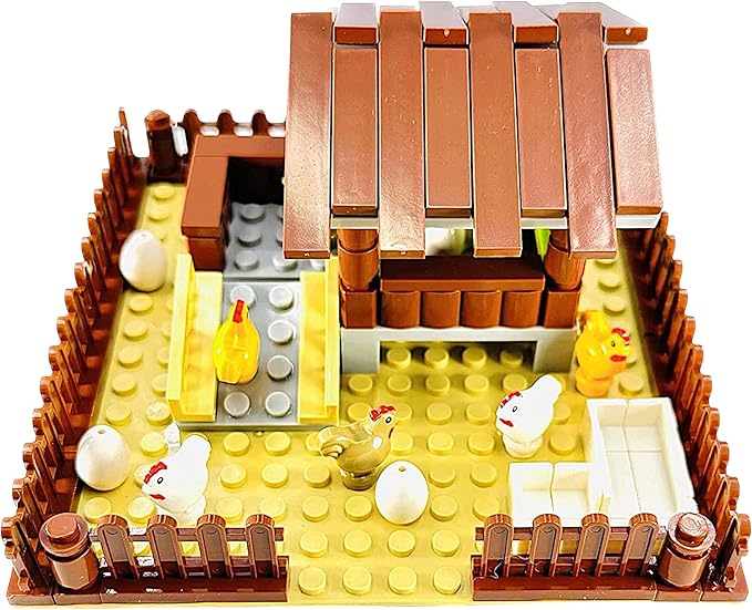 General Jim's Chicken Coop Hen House Modular Building Block Brick Set 122 Piece Set or Addition to Rural Farm Scene Set with All Accessories Shown for Teens and Adults.