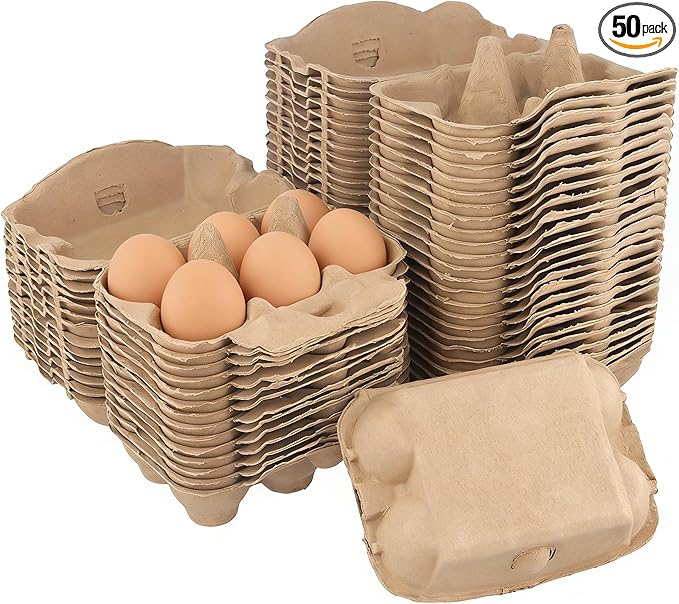 50 Pack Thick Shockproof Egg Cartons in Bulk, Half Dozen Paper Pulp Egg Crates for Home Farm Market Use